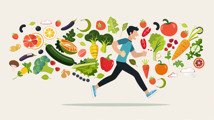 ilustration of running woman with fruits love healthly life