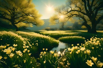 spring theme nature cinematic cinematic for prelude or opening theme sun rays with branch in the forest - obrazy, fototapety, plakaty