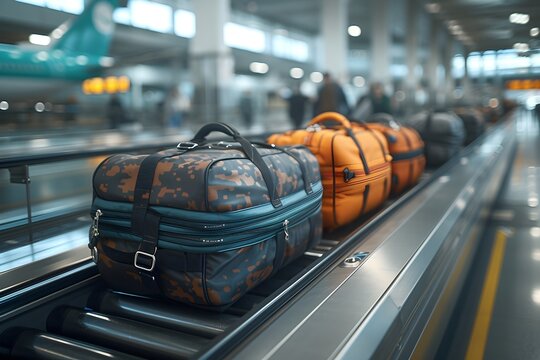 Traveling suitcases on an airport conveyor belt. Vacation image