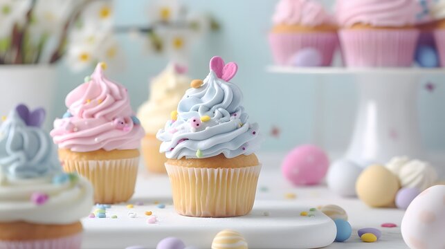A crisp image showcasing a variety of Easter cupcakes with pastel-colored frostings and decorative sprinkles, on a white background