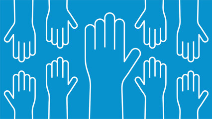 Banner with hands with focus on the bigger hand in middle. Dimension 16:9. Vector illustration.