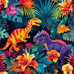 Obraz premium Tropical exotic seamless illustration pattern with funny cartoon dinosaurs and flowers on dark bacground. Design for wallpapers, apparel printing, poster or cover, card. AI Generative