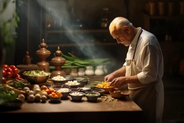 Rolgordijnen Elderly Man Concentrating on Cooking in Vintage Kitchen. © Asmodar