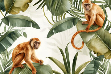Watercolor pattern for children's rooms wallpapers. Funny monkeys on liana branch with jungle palm leaves. Design for clothes, apparel printing, poster or cover. AI Generative