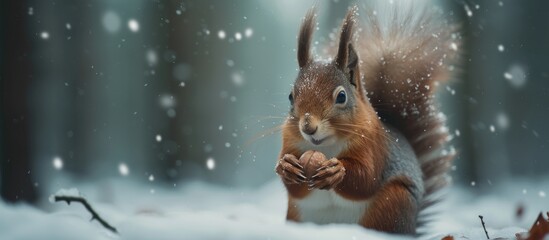 An Eurasian red squirrel is shown eating a nut while surrounded by snow. The squirrel is standing...