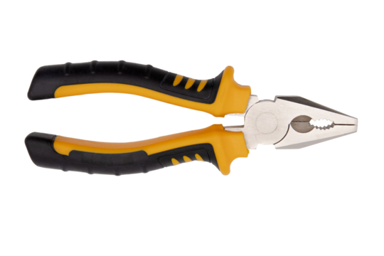 Top view of black and yellow pliers isolated on a cutout PNG transparent background