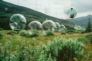 A series of translucent orbs float effortlessly above a verdant valley, each one a self-sustaining ecosystem of its own design.