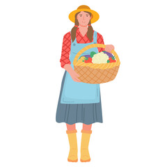 The girl farmer is holding a basket full of vegetables. Hand-drawn vector illustration