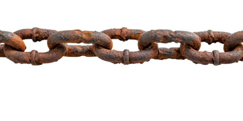 Rusty shipyard metal chain link isolated on white or transparent background