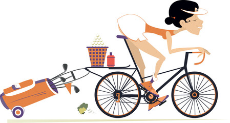Young man on the bicycle on the way to golf course. Cartoon cycling woman in going to play golf