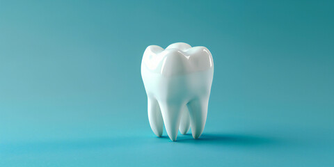 A miniature model of a white tooth on a blue pastel background. Banner for dental hygiene, healthy teeth and proper brushing.