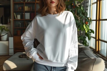 Cozy Chic: Woman's Sweater Mockup, Casual Elegance: Woman Wearing Sweater Mockup