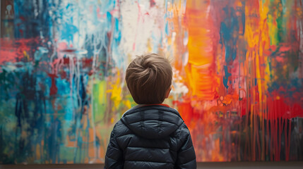 Unrecognizable child looking at modern art painting, generative ai - obrazy, fototapety, plakaty