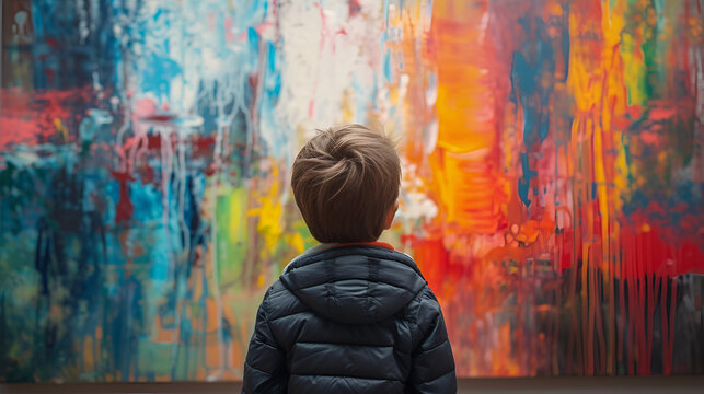 Unrecognizable child looking at modern art painting, generative ai