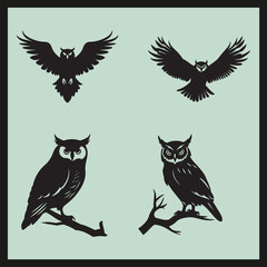 Hunting Owl black Silhouette vector, set of silhouettes of birds