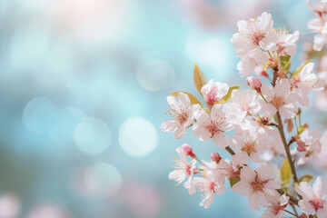 Spring blurred background , blooming flowers. Copy space. generative AI