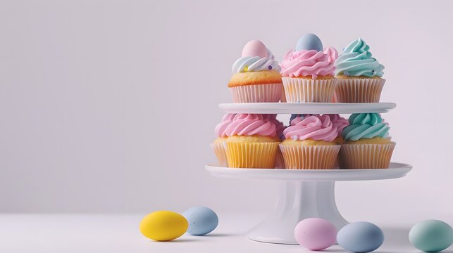 A tiered display of Easter cupcakes with fluffy, colorful frosting topped with Easter eggs, against a seamless white backdrop