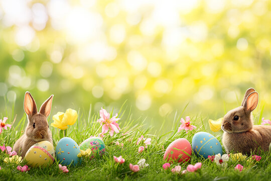 Easter background with colorful eggs, playful bunnies, and spring flowers. Generative AI