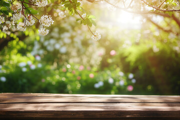 Empty wooden boards in front of blurred spring garden, mockup design background. Generative AI - 745143145