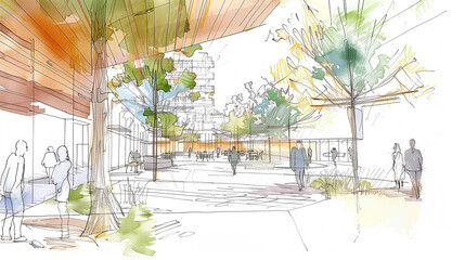 マンションのある都市風景のスケッチ画