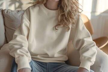 Cozy Chic: Woman's Sweater Mockup, Casual Elegance: Woman Wearing Sweater Mockup
