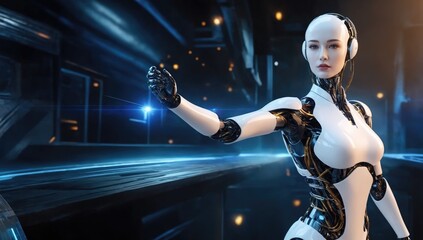 Naklejka premium Humanoid female robot point with hand on blurred blue digital background. Concept of futuristic technology and science. Web banner of artificial intelligence and cyborg. Copy space. Ai generation