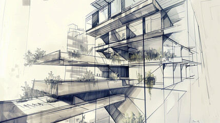 マンションのある都市風景のスケッチ画
