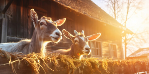 A pair of goats with curious expressions enjoying the warm morning sunlight in a rustic farm setting.
