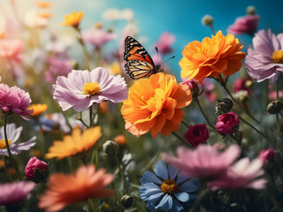 Obraz premium Meadow of flowers with butterflies, spring summer flower field, grass, nature