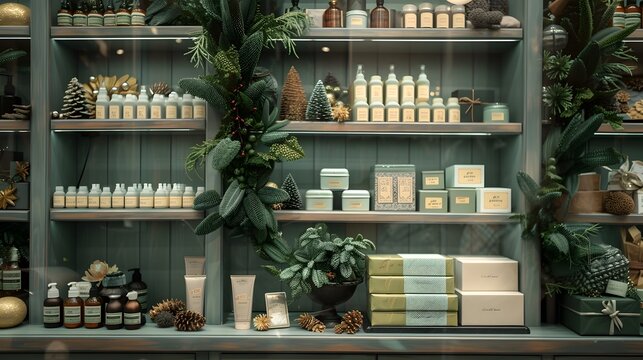 A festive holiday-themed shelf in a department store, featuring limited edition soap and shampoo gift sets.