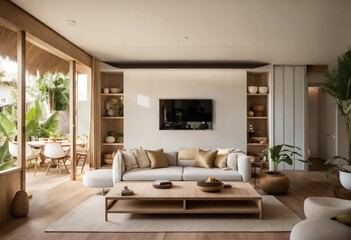 Fototapeta na wymiar modern living room with fireplace Modern take on bali inspired small apartment white 