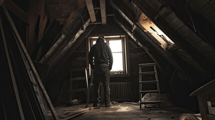 Nachdenklicher Mann auf dem Dachboden