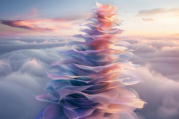 Cascading layers of iridescent petals spiral upwards, forming a surreal tower of organic elegance amidst a sea of clouds. - obrazy, fototapety, plakaty