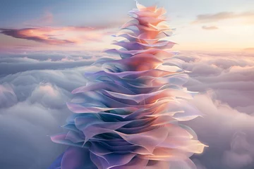 Fotobehang Cascading layers of iridescent petals spiral upwards, forming a surreal tower of organic elegance amidst a sea of clouds. © Tahira