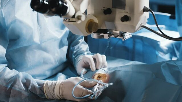 A doctor uses a microscope during eye surgery or diagnosis, cataract treatment and diopter correction. A surgeon looks through a microscope at a patient's eyes in the operating room.