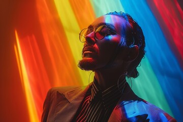 Beautiful drag king, woman dressed up as a man in a suit on a rainbow background, , celebrating diversity, performance, and gender expression, with a lot of negative space  - obrazy, fototapety, plakaty