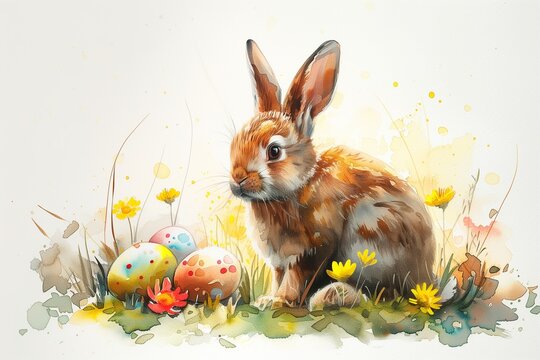 Watercolor Easter Bunny printable illustration. Colorful rabbit with Easter eggs, flowers and grass isolated on white background. Spring lawn painting.
