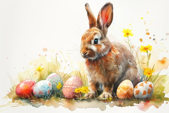 Watercolor Easter Bunny printable illustration. Colorful rabbit with Easter eggs, flowers and grass isolated on white background. Spring lawn painting.
