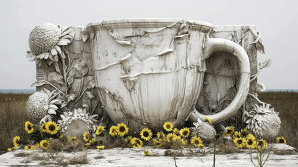 Kaffeetasse im Sonnenblumenfeld am Meer