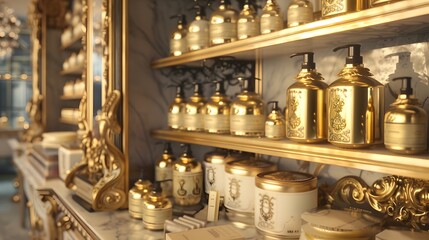 A luxury beauty store shelf, displaying gold-accented soap and shampoo bottles in an opulent setting. - obrazy, fototapety, plakaty