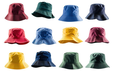 Collection of colorful bucket hats isolated on white or transparent background - obrazy, fototapety, plakaty