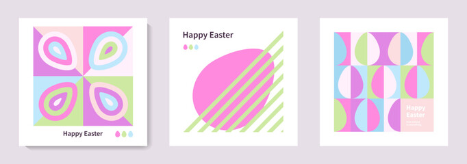 Set of Happy Easter cards in modern minimalistic style with geometric shapes, eggs. Trendy editable vector template for greeting card, poster, banner, invitation, social media post.	