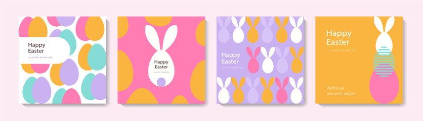 Set of Happy Easter cards in modern minimalistic style with geometric shapes, eggs. Trendy editable vector template for greeting card, poster, banner, invitation, social media post.	