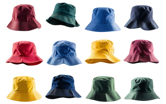 Collection of colorful bucket hats isolated on white or transparent background