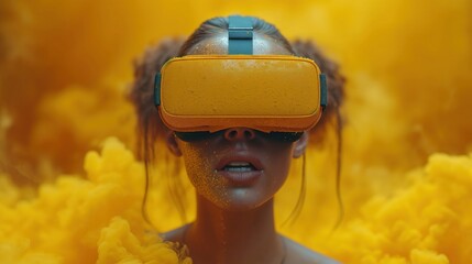 Kobieta nosi gogle wirtualnej rzeczywistości przed żółtymi chmurami - obrazy, fototapety, plakaty