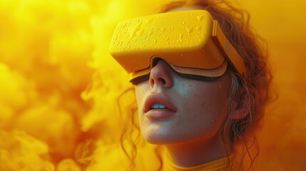 Kobieta w żółtym słuchawce wirtualnej rzeczywistości - obrazy, fototapety, plakaty