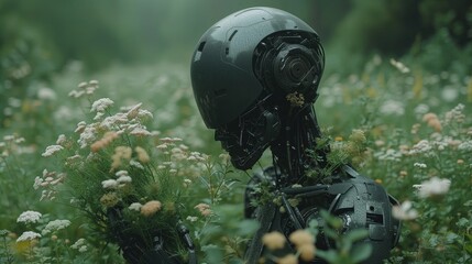 Czarny robot zachwyca się roślinnością w wysokim dzikim polu białych kwiatów