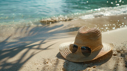 Beachside Serenity with Straw Hat and Sunglasses in the Sun, Straw hat and sunglasses cast a relaxed shadow on a sunlit sandy beach