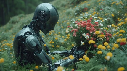 Czarny android zbiera kwiaty na  polu natury
