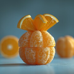 Pomarańcza z cukrem i kokardą zrobiona z pomarańczy - obrazy, fototapety, plakaty